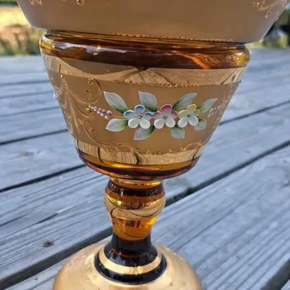 Antique BOHEMIAN Gold Gilt ENAMEL Amber Glass PEDESTAL Candy Jar Dish W/Lid - Picture 3 of 7